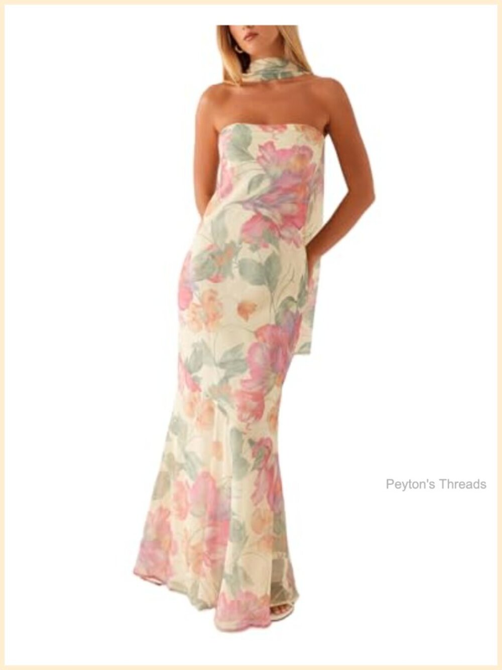 Strapless Floral Mesh Maxi Dress with Scarf Formal Wedding Guest